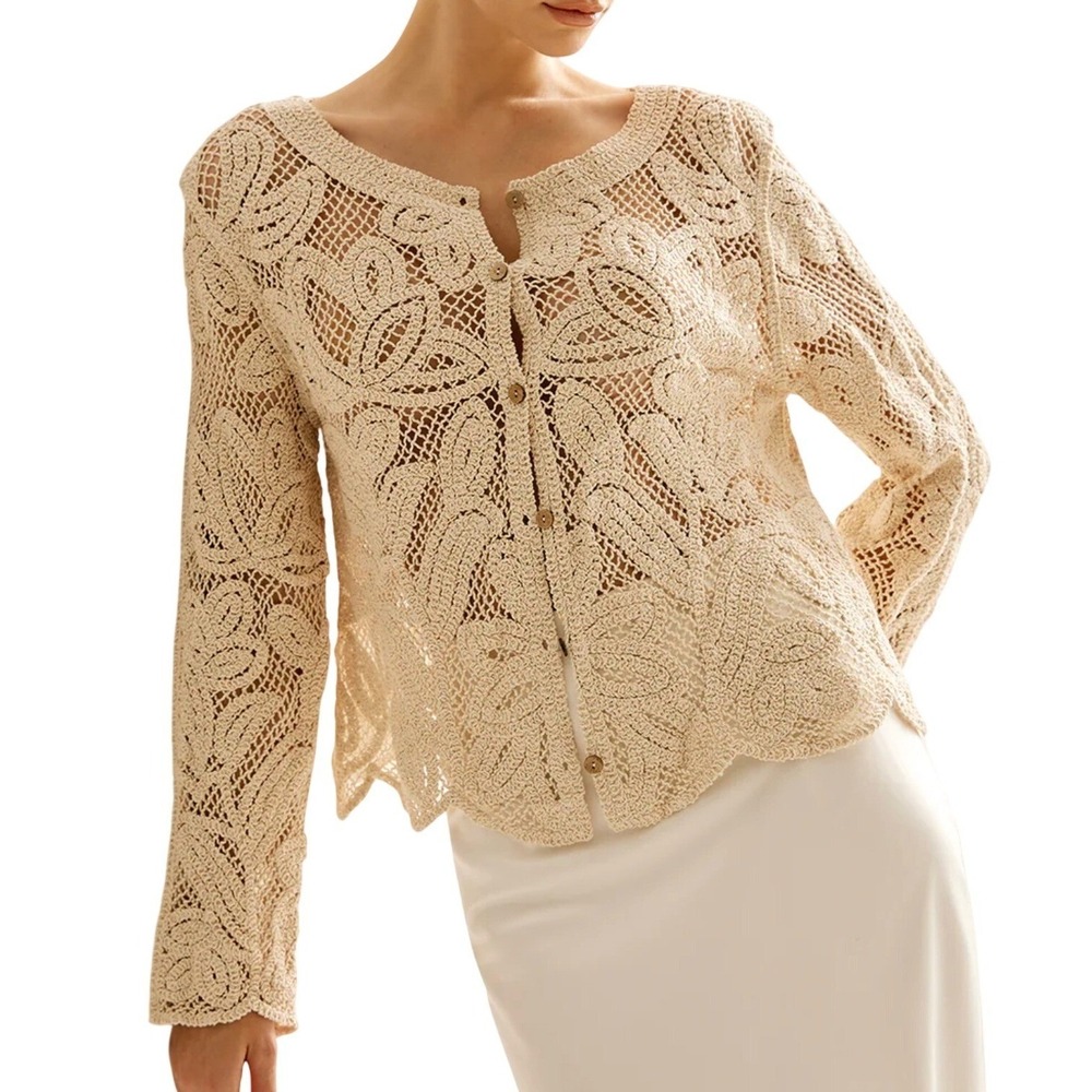 Plisse Cardigan Crochet Unconventional Lace Beige Button Up‎ Long Sleeve Boho S